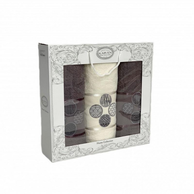 Набор полотенец махровых хлопковых KARVEN HS1643 DORT DAIRE V6 кремовый-темно-серый 50х90 (2шт), 70х140 (1шт)