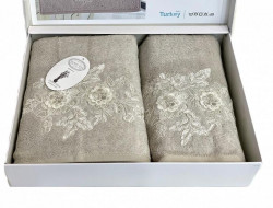 Набор полотенец махровых бамбуковых с гипюром в коробке KARVEN HS1716 FLOWERS V1 бежевый 50х90 (1шт), 70х140 (1шт)