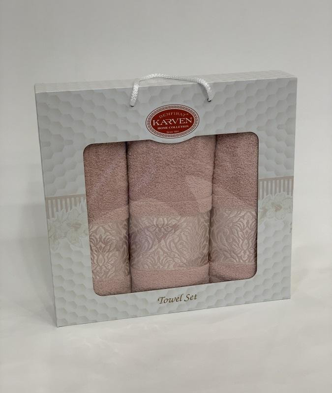 Набор полотенец махровых хлопковых KARVEN HS1694 INDIA DAMAKS V9 пудра 50х90 (2шт), 70х140 (1шт)