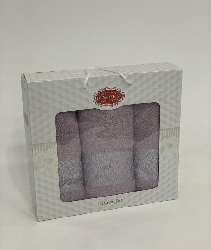 Набор полотенец махровых хлопковых KARVEN HS1694 INDIA DAMAKS V4 сиреневый 50х90 (2шт), 70х140 (1шт)