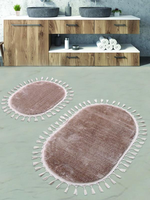 Набор ковриков для ванной мех с бахромой KARVEN KV413 POST DOKUMA OVAL SACAKLI капучино 50х60 (1шт), 60х100 (1шт)