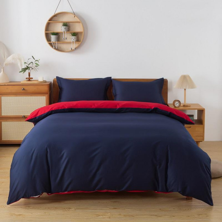 Постельное белье с простыней на резинке из сатина TANGO синее-красное евро