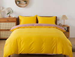 Постельное белье с простыней на резинке из сатина TANGO желтое-бежевое евро