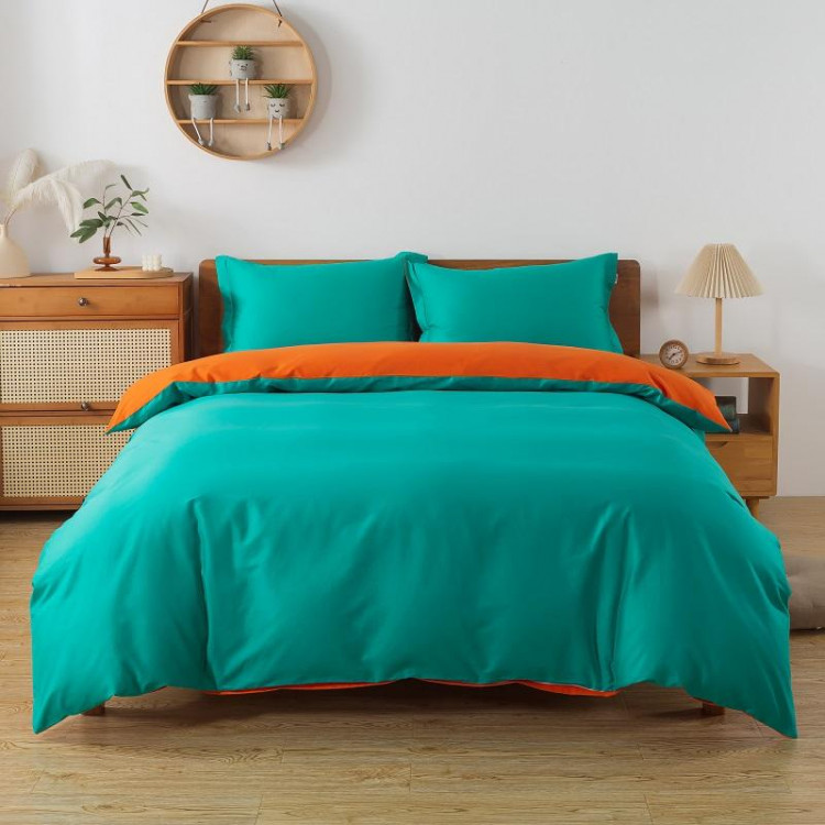 Постельное белье с простыней на резинке из сатина TANGO бирюзовое-оранжевое евро