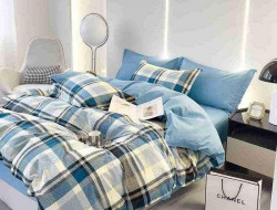 Постельное белье из сатина АЛЬВИТЕК клетка голубое семейное